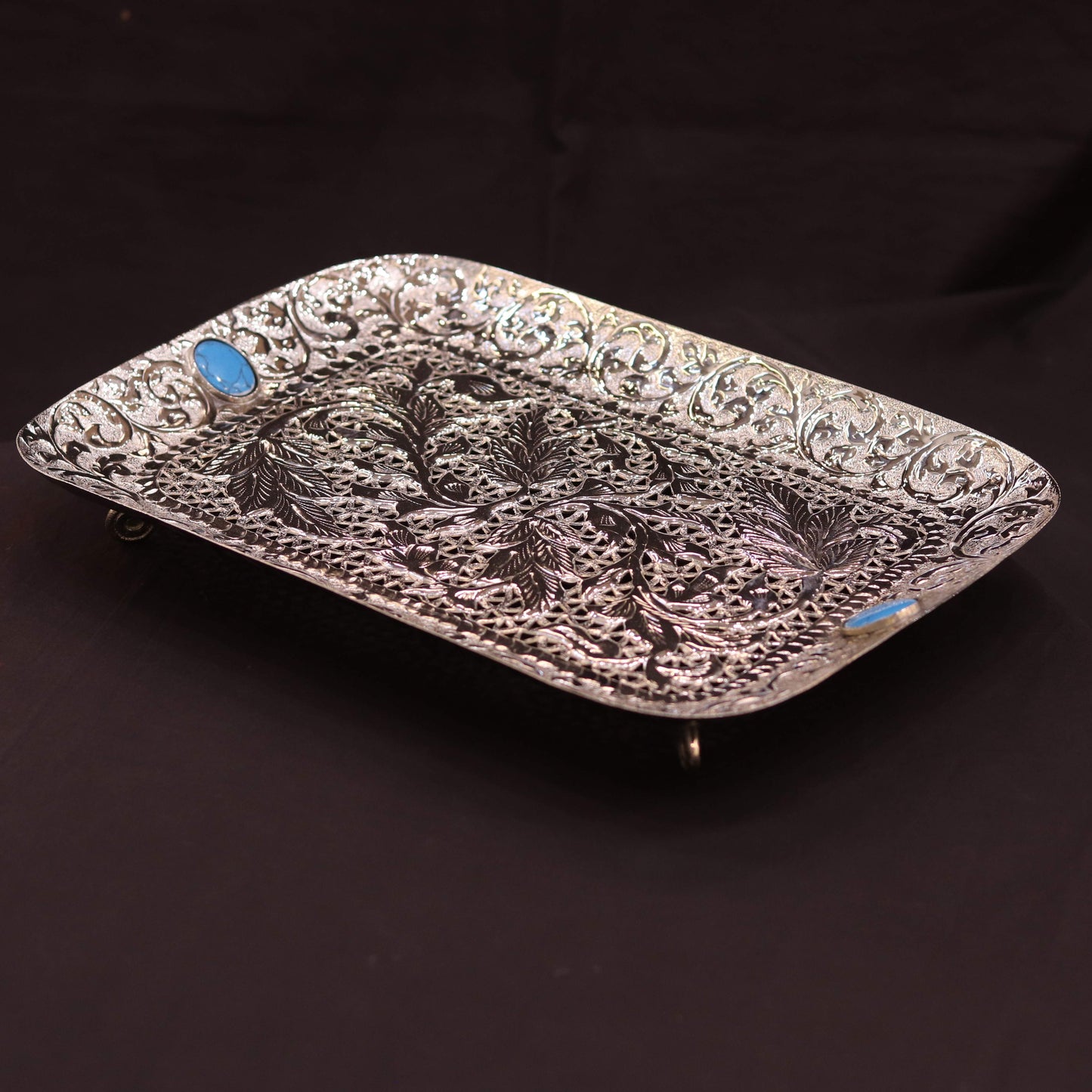 Premium Artisanal Silver-Plated Tray with Customizable Gemstones