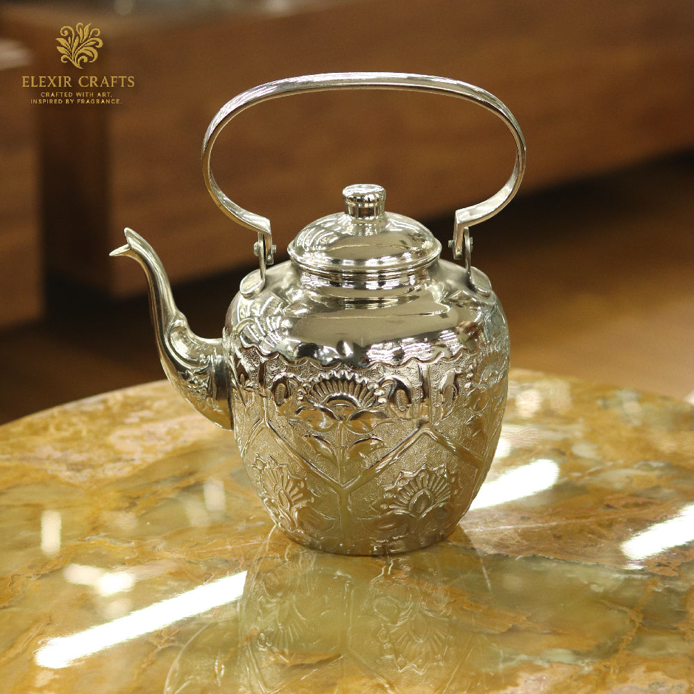 Hand-Engraved Silver-Plated Kettle Figurine