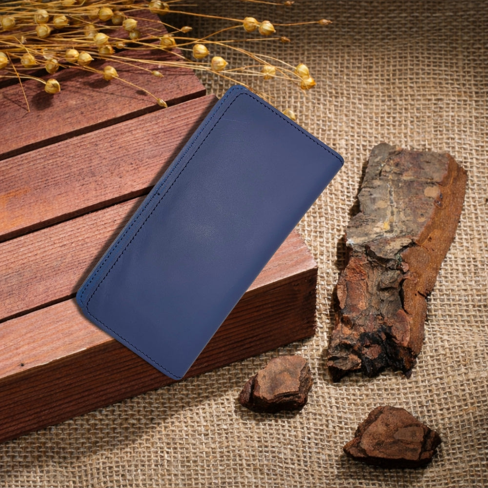 Handcrafted Vintage Blue Leather Long Bifold Wallet