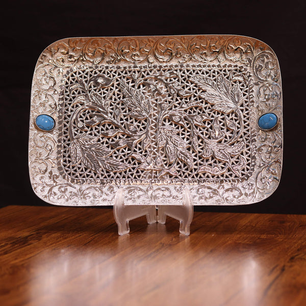 Premium Artisanal Silver-Plated Tray with Customizable Gemstones