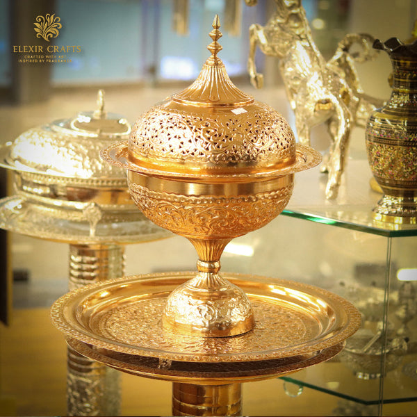 Ornate Gold-Plated Pedestal Incense Burner Set