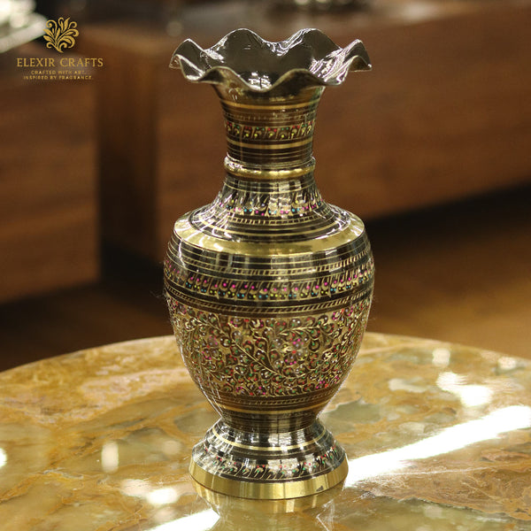 Intricately Carved Brass and Enamel Floral Vase